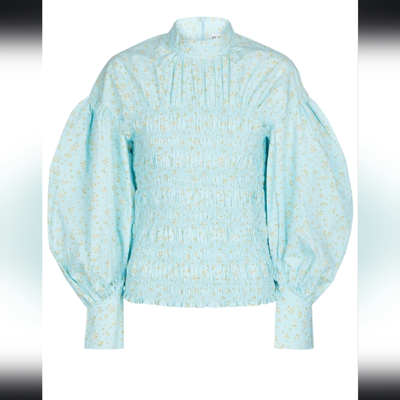 GANNI Shirred Floral-Print Organic Cotton-Blend Poplin Blouse. Sz. Large 8/10 - Picture 2 of 11